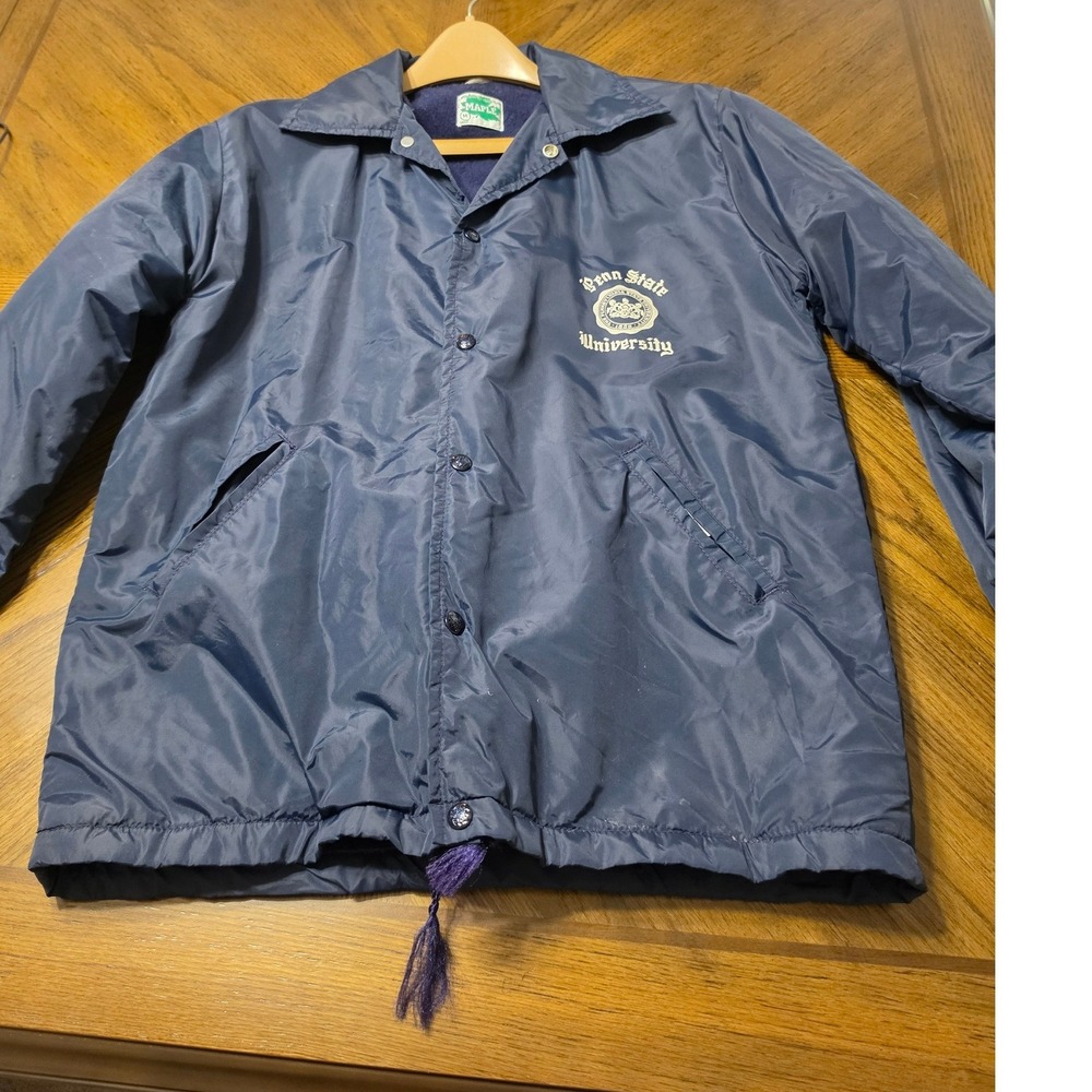 Vintage Maple Penn State University Coach Jacket Navy Blue Fleece Lined Medium